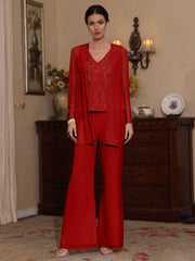 3 Pieces V Neck Chiffon Mother Of The Bride Pantsuits With Jacket Sequins Ankle Length Long Sleeves