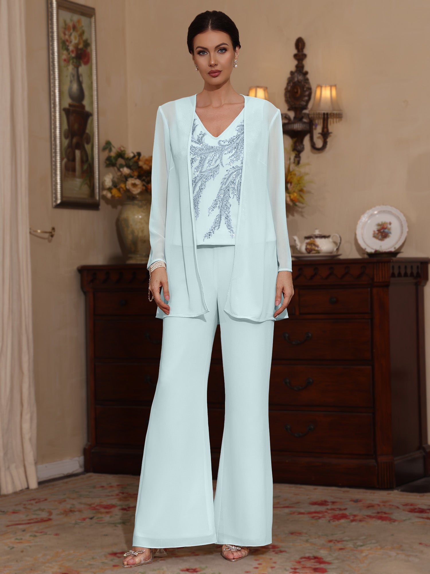 3 Pieces V Neck Chiffon Mother Of The Bride Pantsuits With Jacket Sequins Ankle Length Long Sleeves