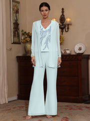 3 Pieces V-Neck Chiffon Mother of the Bride Pantsuits with Jacket Sequins Ankle-Length Long Sleeves