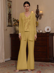 3 Pieces V Neck Chiffon Mother Of The Bride Pantsuits With Jacket Sequins Ankle Length Long Sleeves