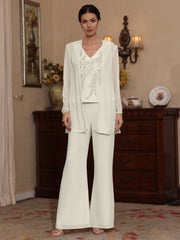 3 Pieces V Neck Chiffon Mother Of The Bride Pantsuits With Jacket Sequins Ankle Length Long Sleeves