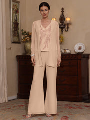 3 Pieces V Neck Chiffon Mother Of The Bride Pantsuits With Jacket Sequins Ankle Length Long Sleeves
