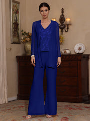 3 Pieces V Neck Chiffon Mother Of The Bride Pantsuits With Jacket Sequins Ankle Length Long Sleeves