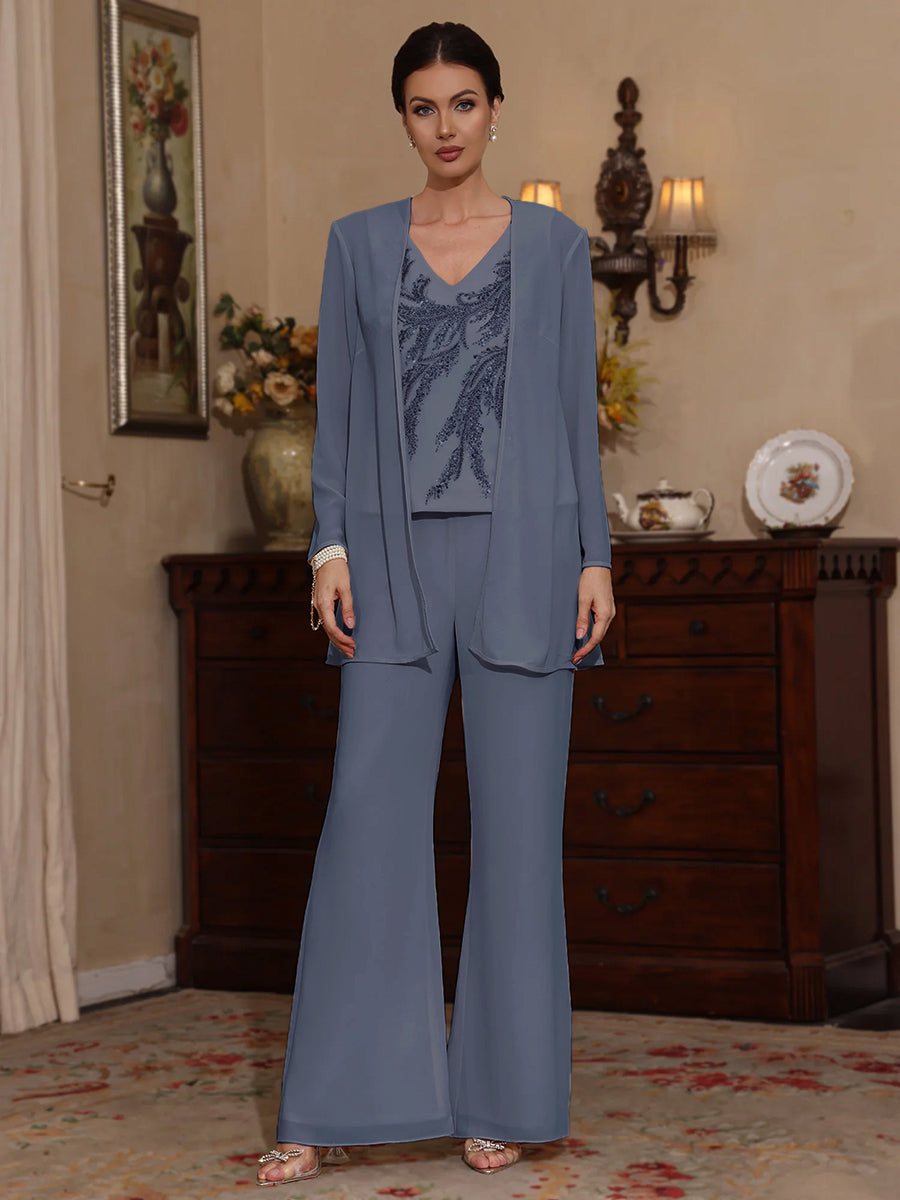 3 Pieces V Neck Chiffon Mother Of The Bride Pantsuits With Jacket Sequins Ankle Length Long Sleeves