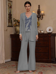 3 Pieces V Neck Chiffon Mother Of The Bride Pantsuits With Jacket Sequins Ankle Length Long Sleeves