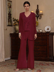 3 Pieces V Neck Chiffon Mother Of The Bride Pantsuits With Jacket Sequins Ankle Length Long Sleeves