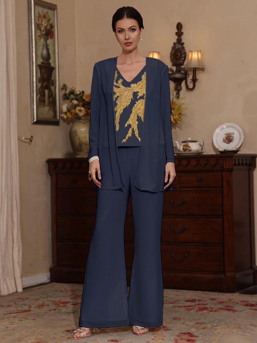 3 Pieces V Neck Chiffon Mother Of The Bride Pantsuits With Jacket Sequins Ankle Length Long Sleeves