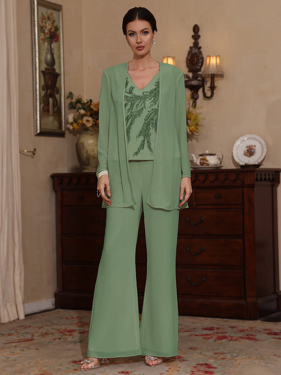 3 Pieces V Neck Chiffon Mother Of The Bride Pantsuits With Jacket Sequins Ankle Length Long Sleeves