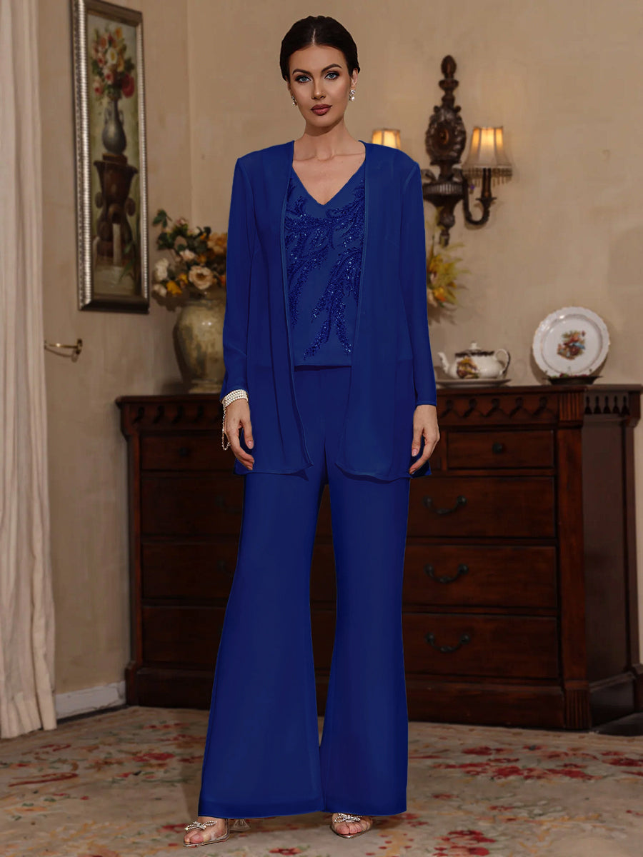 3 Pieces V Neck Chiffon Mother Of The Bride Pantsuits With Jacket Sequins Ankle Length Long Sleeves