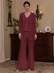 3 Pieces V Neck Chiffon Mother Of The Bride Pantsuits With Jacket Sequins Ankle Length Long Sleeves