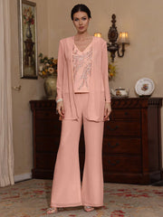 3 Pieces V Neck Chiffon Mother Of The Bride Pantsuits With Jacket Sequins Ankle Length Long Sleeves