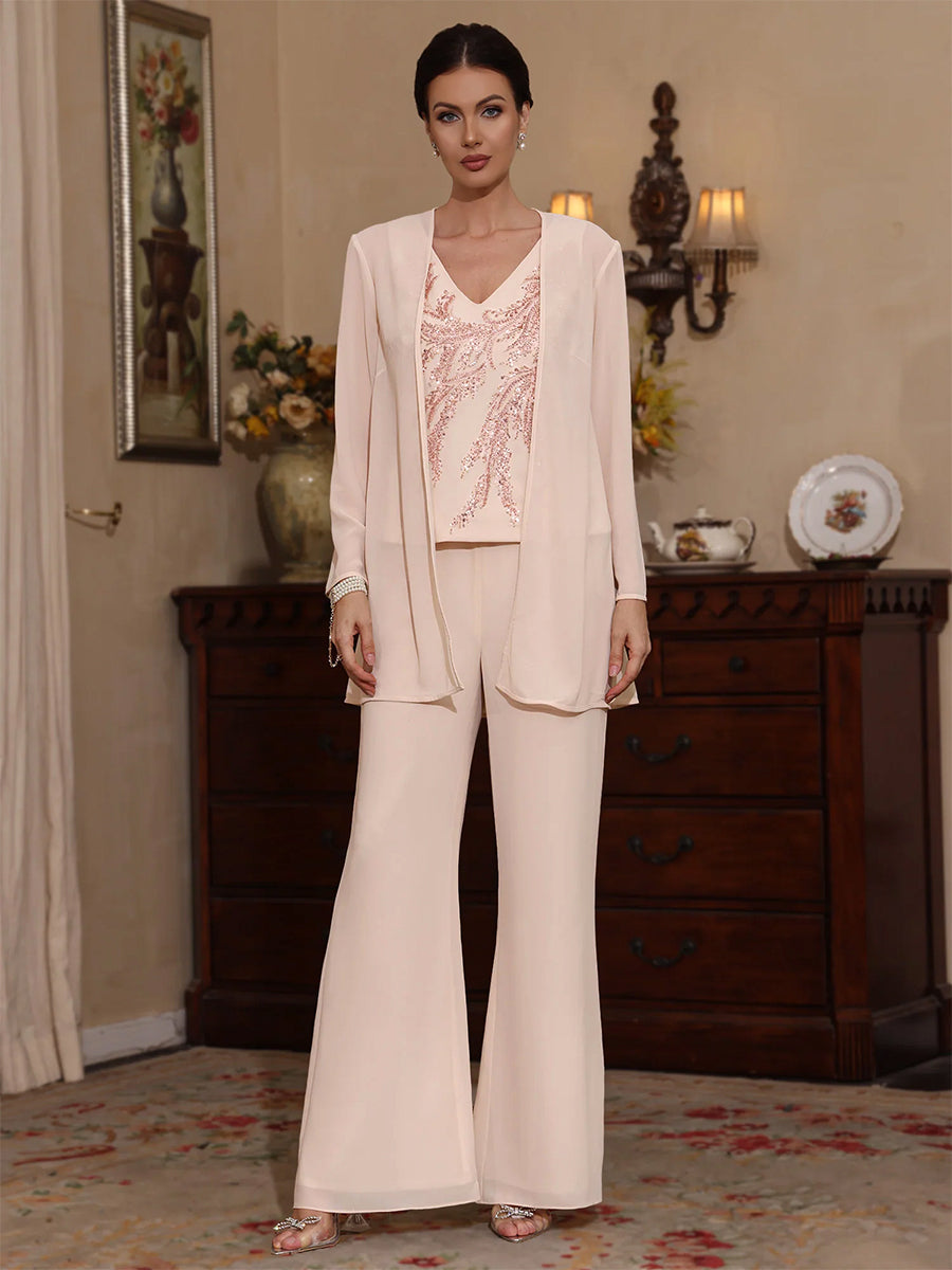 3 Pieces V Neck Chiffon Mother Of The Bride Pantsuits With Jacket Sequins Ankle Length Long Sleeves