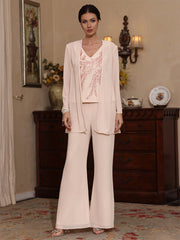 3 Pieces V Neck Chiffon Mother Of The Bride Pantsuits With Jacket Sequins Ankle Length Long Sleeves