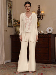 3 Pieces V Neck Chiffon Mother Of The Bride Pantsuits With Jacket Sequins Ankle Length Long Sleeves