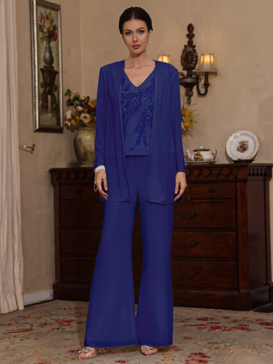 3 Pieces V Neck Chiffon Mother Of The Bride Pantsuits With Jacket Sequins Ankle Length Long Sleeves
