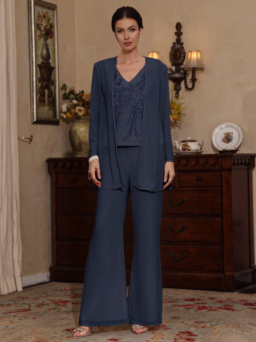 3 Pieces V Neck Chiffon Mother Of The Bride Pantsuits With Jacket Sequins Ankle Length Long Sleeves