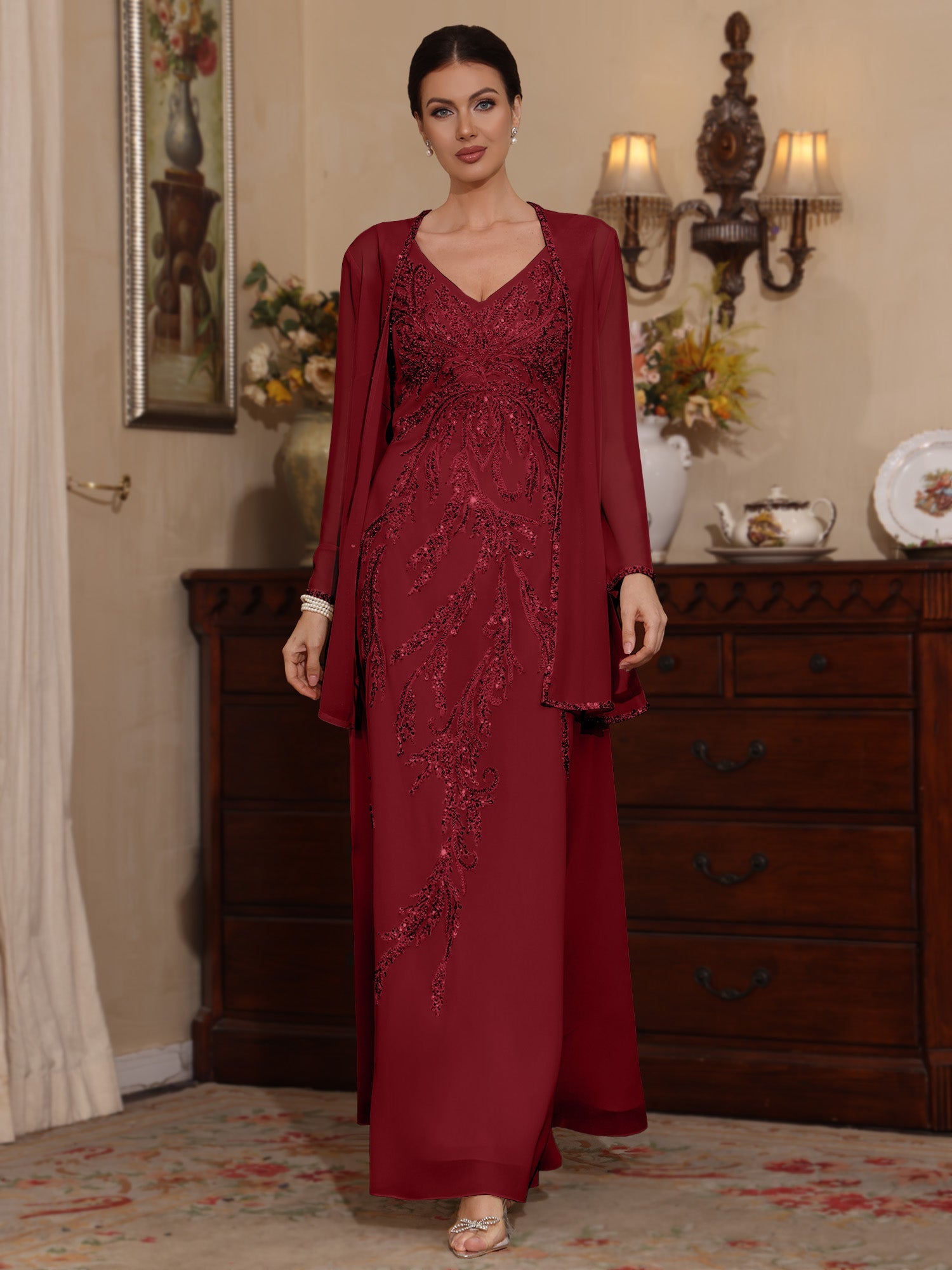 2 Pieces A Line Princess V Neck Chiffon Mother Of The Bride Dresses With Jacket Sequins Ankle Length Long Sleeves