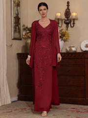 2 Pieces A Line Princess V Neck Chiffon Mother Of The Bride Dresses With Jacket Sequins Ankle Length Long Sleeves