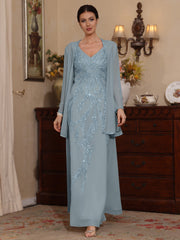 2 Pieces A Line Princess V Neck Chiffon Mother Of The Bride Dresses With Jacket Sequins Ankle Length Long Sleeves
