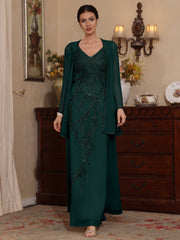 2 Pieces A Line Princess V Neck Chiffon Mother Of The Bride Dresses With Jacket Sequins Ankle Length Long Sleeves