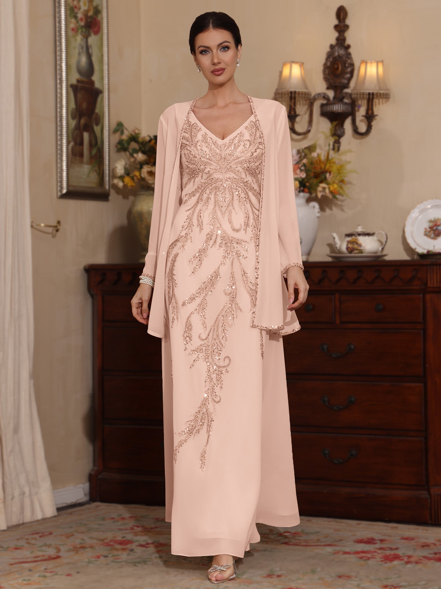 2 Pieces A Line Princess V Neck Chiffon Mother Of The Bride Dresses With Jacket Sequins Ankle Length Long Sleeves