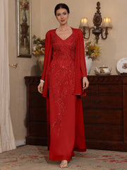 2 Pieces A Line Princess V Neck Chiffon Mother Of The Bride Dresses With Jacket Sequins Ankle Length Long Sleeves