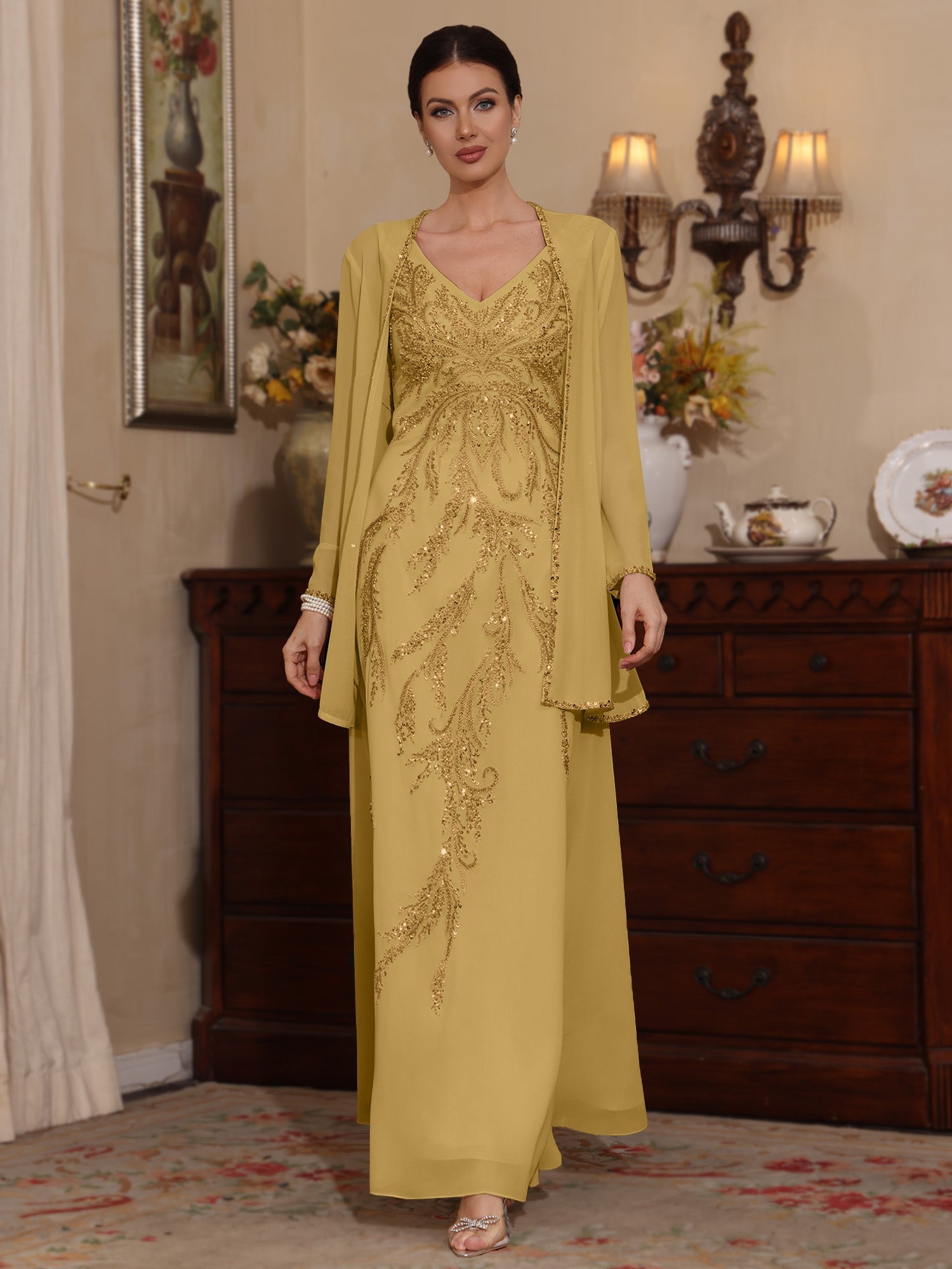 2 Pieces A Line Princess V Neck Chiffon Mother Of The Bride Dresses With Jacket Sequins Ankle Length Long Sleeves