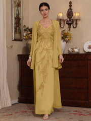 2 Pieces A Line Princess V Neck Chiffon Mother Of The Bride Dresses With Jacket Sequins Ankle Length Long Sleeves