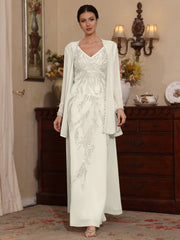 2 Pieces A Line Princess V Neck Chiffon Mother Of The Bride Dresses With Jacket Sequins Ankle Length Long Sleeves