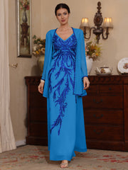 2 Pieces A Line Princess V Neck Chiffon Mother Of The Bride Dresses With Jacket Sequins Ankle Length Long Sleeves