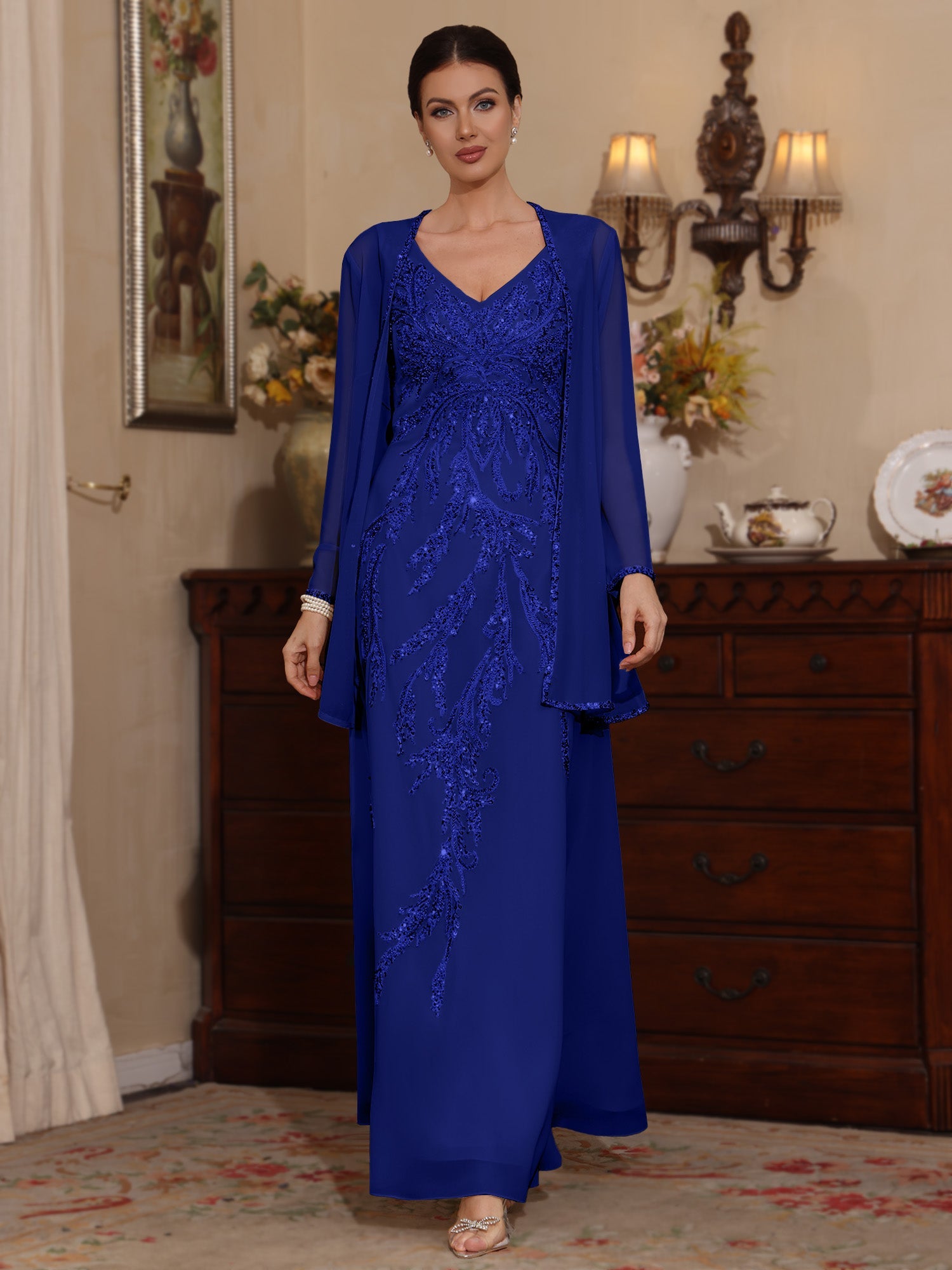 2 Pieces A Line Princess V Neck Chiffon Mother Of The Bride Dresses With Jacket Sequins Ankle Length Long Sleeves