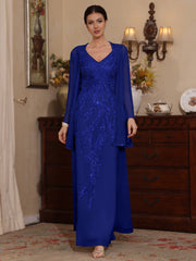 2 Pieces A Line Princess V Neck Chiffon Mother Of The Bride Dresses With Jacket Sequins Ankle Length Long Sleeves