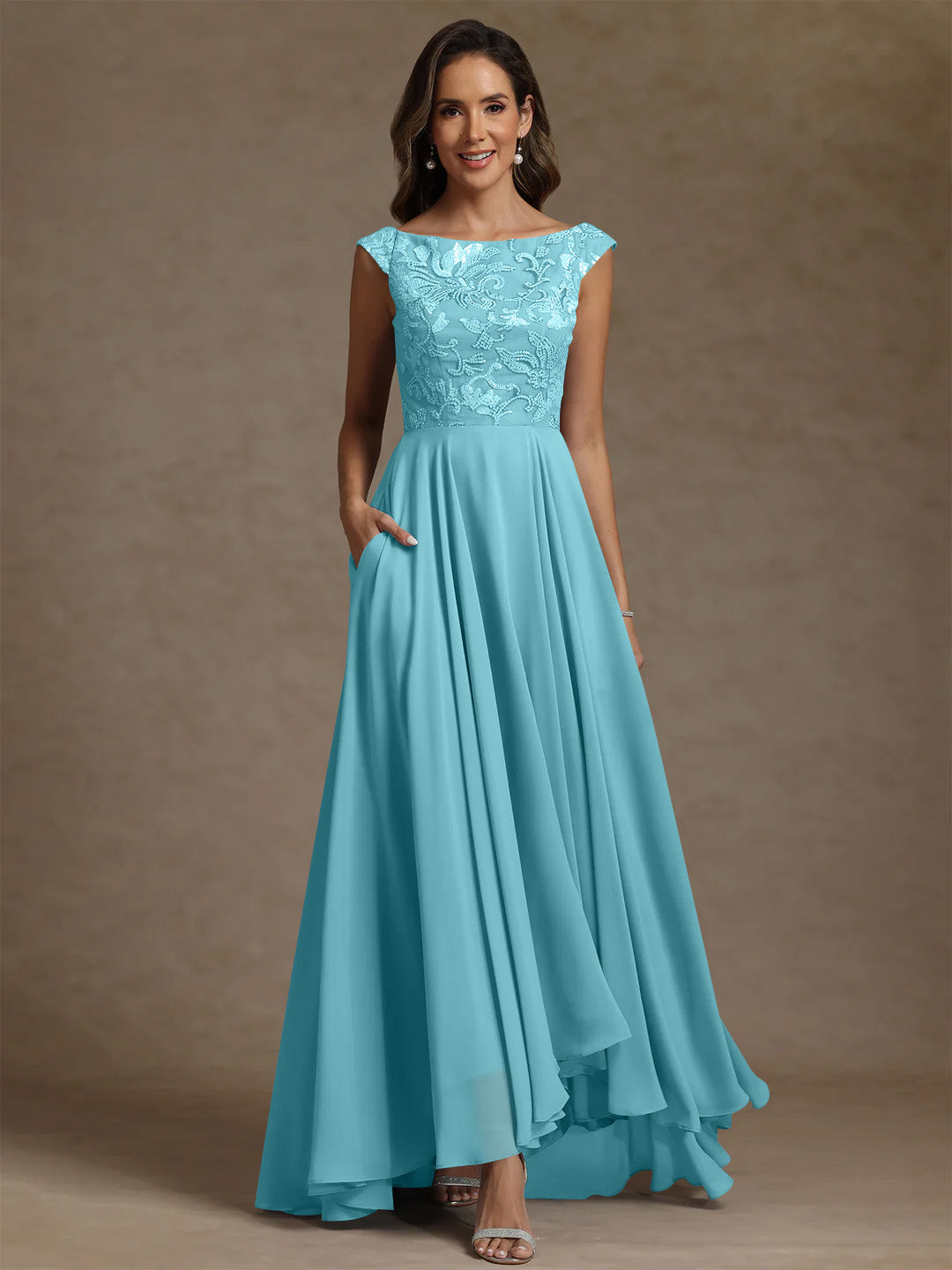A Line Princess Scoop Chiffon Mother Of The Bride Dresses Lace Sequins Floor Length Sleeveless Pleated