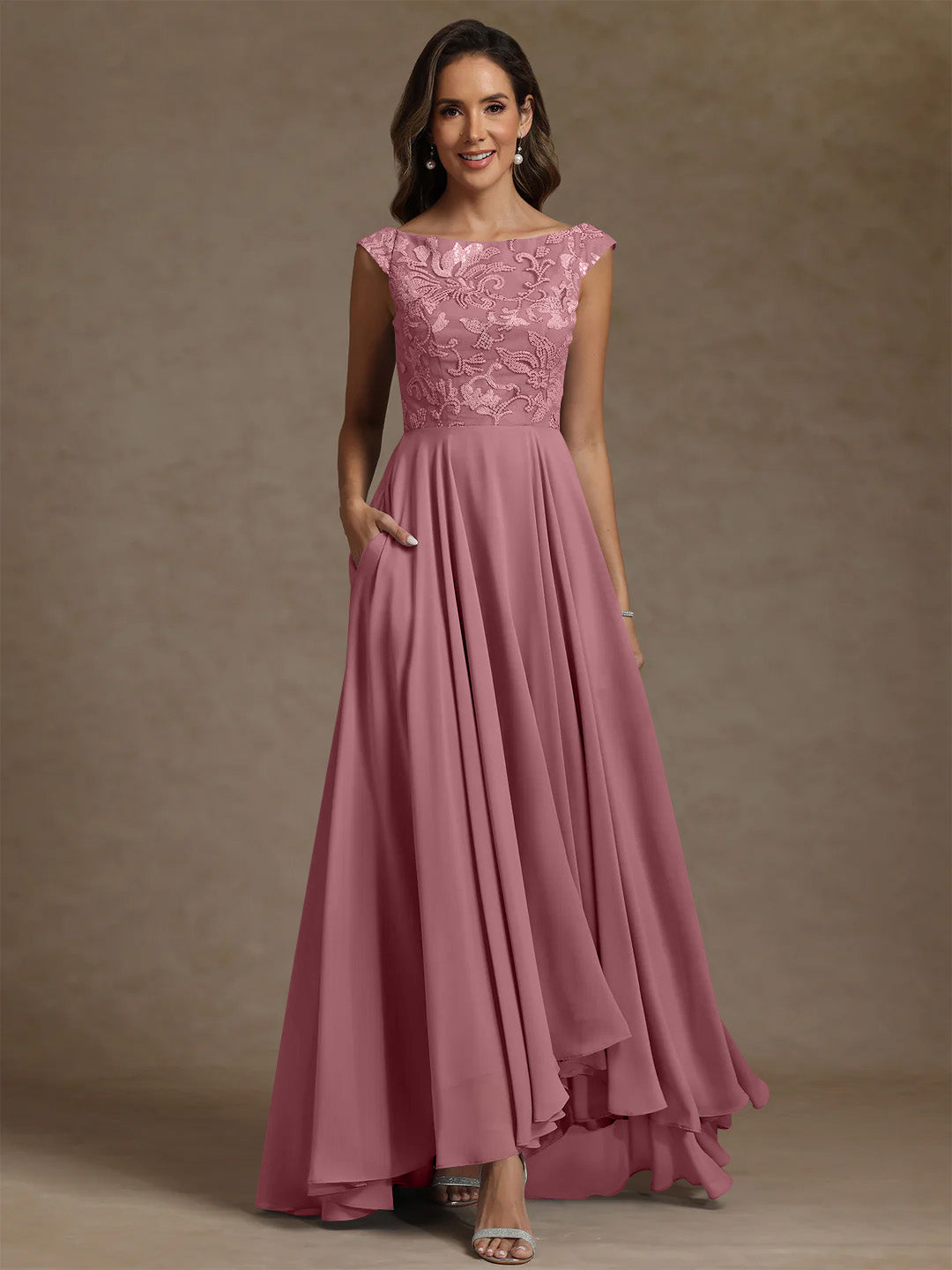 A Line Princess Scoop Chiffon Mother Of The Bride Dresses Lace Sequins Floor Length Sleeveless Pleated
