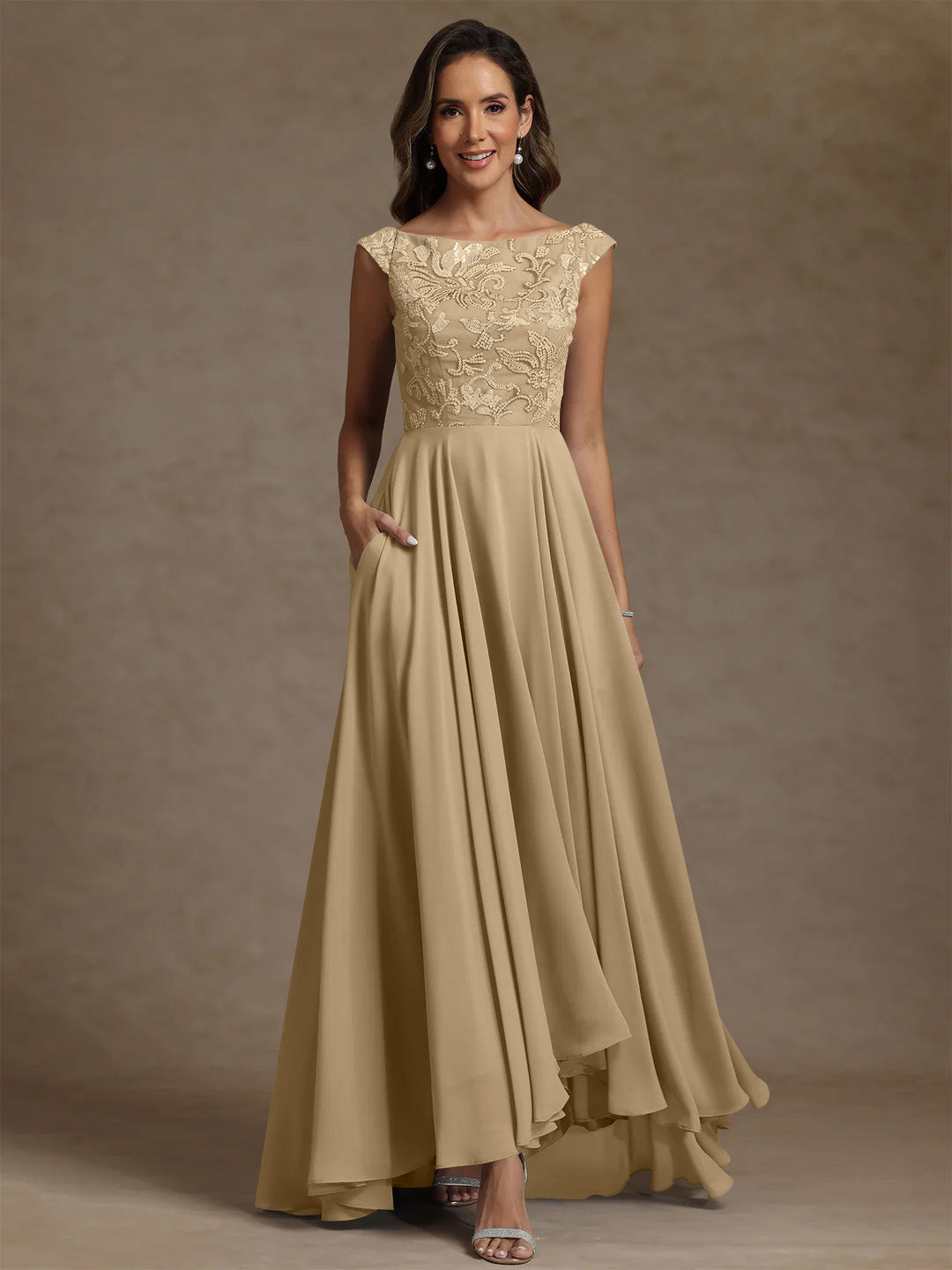 A Line Princess Scoop Chiffon Mother Of The Bride Dresses Lace Sequins Floor Length Sleeveless Pleated