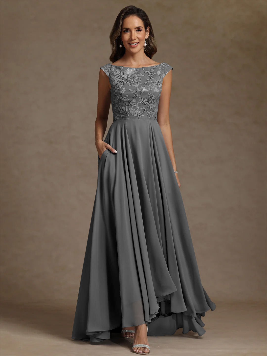 A Line Princess Scoop Chiffon Mother Of The Bride Dresses Lace Sequins Floor Length Sleeveless Pleated