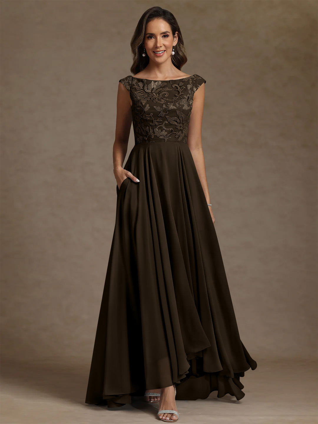 A Line Princess Scoop Chiffon Mother Of The Bride Dresses Lace Sequins Floor Length Sleeveless Pleated
