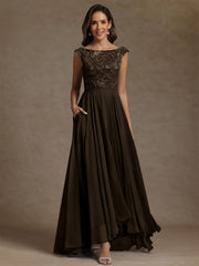 A Line Princess Scoop Chiffon Mother Of The Bride Dresses Lace Sequins Floor Length Sleeveless Pleated