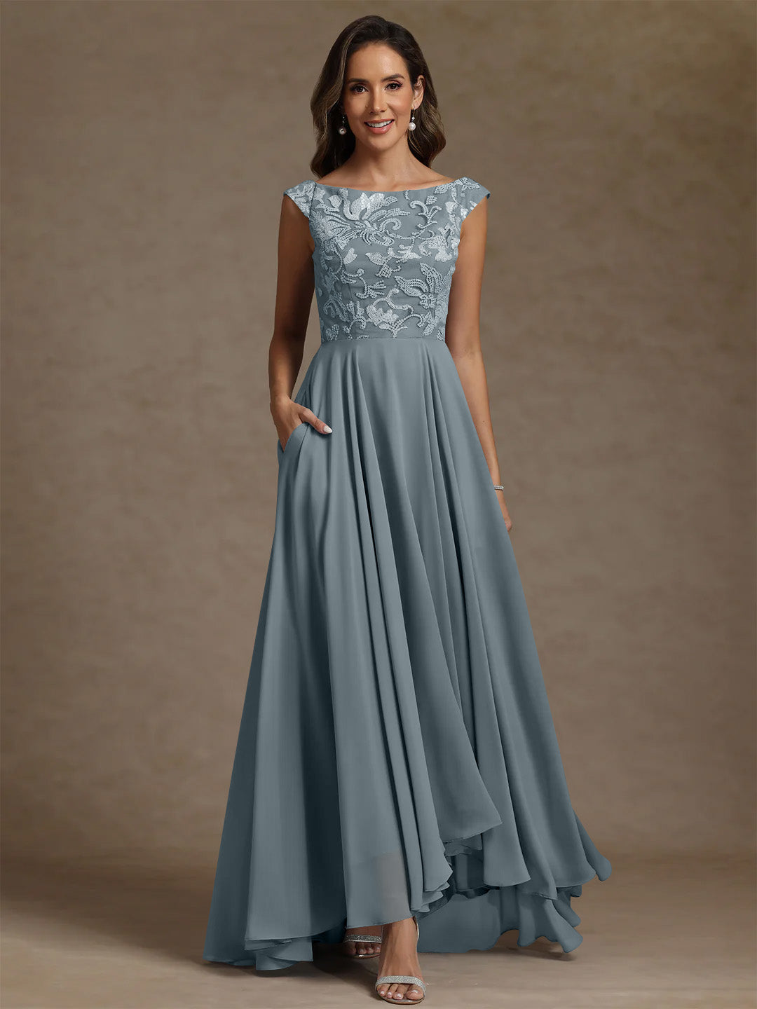 A Line Princess Scoop Chiffon Mother Of The Bride Dresses Lace Sequins Floor Length Sleeveless Pleated