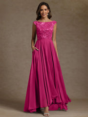 A-Line/Princess Scoop Chiffon Mother of the Bride Dresses Lace Sequins Floor-Length Sleeveless Pleated