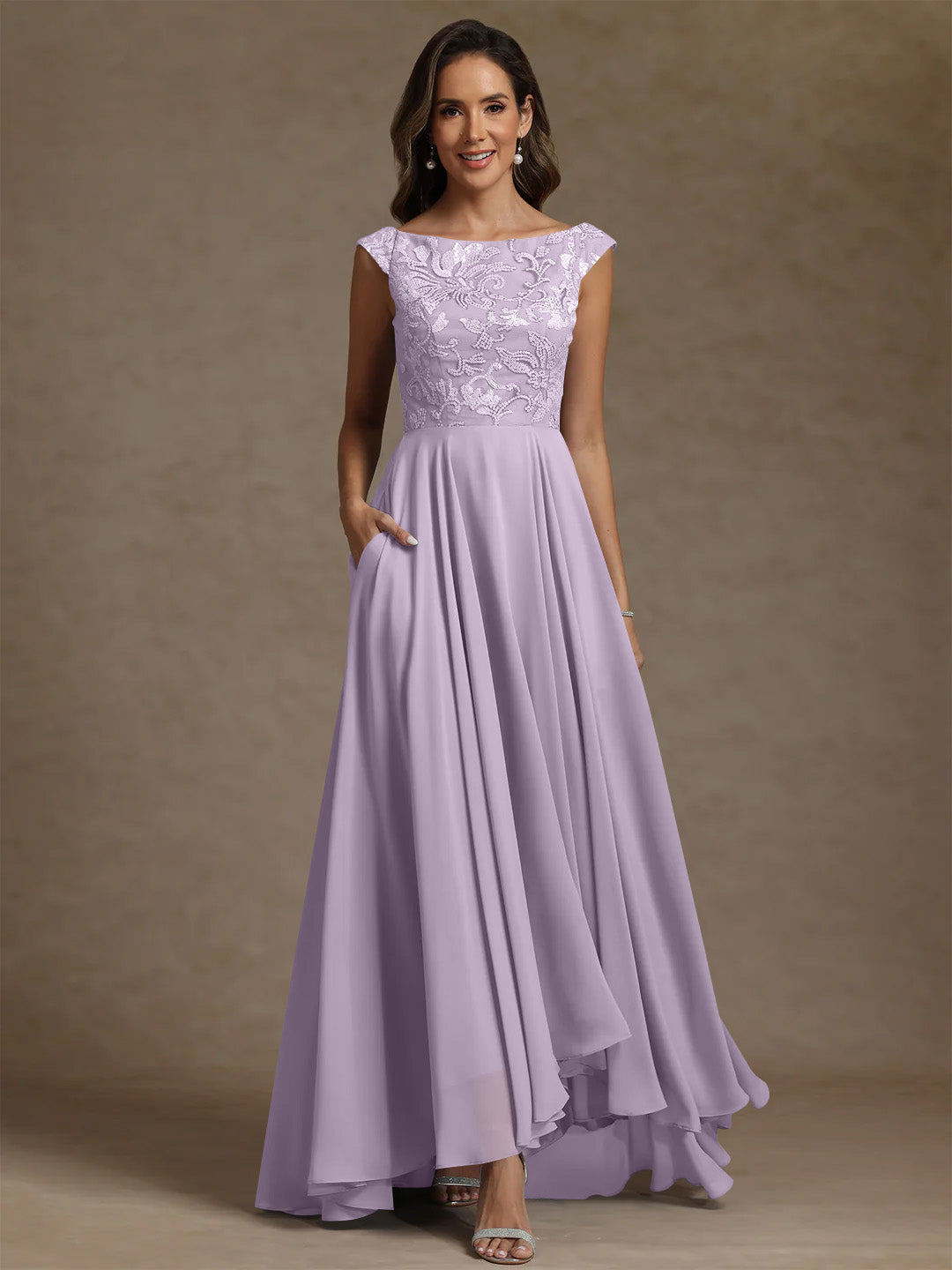 A Line Princess Scoop Chiffon Mother Of The Bride Dresses Lace Sequins Floor Length Sleeveless Pleated