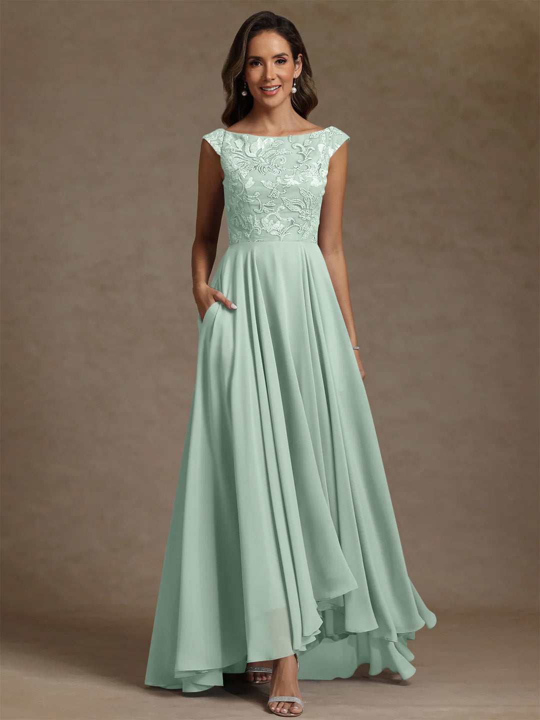 A Line Princess Scoop Chiffon Mother Of The Bride Dresses Lace Sequins Floor Length Sleeveless Pleated