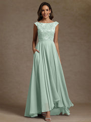 A Line Princess Scoop Chiffon Mother Of The Bride Dresses Lace Sequins Floor Length Sleeveless Pleated