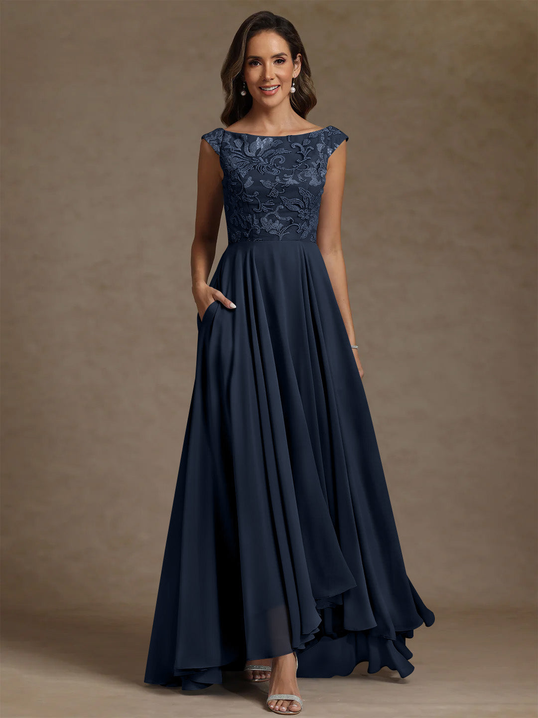 A Line Princess Scoop Chiffon Mother Of The Bride Dresses Lace Sequins Floor Length Sleeveless Pleated