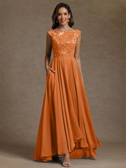 A Line Princess Scoop Chiffon Mother Of The Bride Dresses Lace Sequins Floor Length Sleeveless Pleated