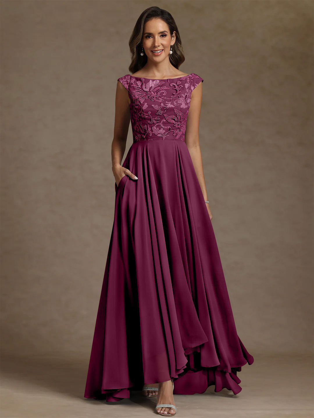 A Line Princess Scoop Chiffon Mother Of The Bride Dresses Lace Sequins Floor Length Sleeveless Pleated