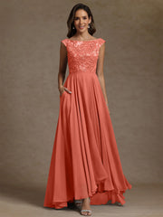 A Line Princess Scoop Chiffon Mother Of The Bride Dresses Lace Sequins Floor Length Sleeveless Pleated