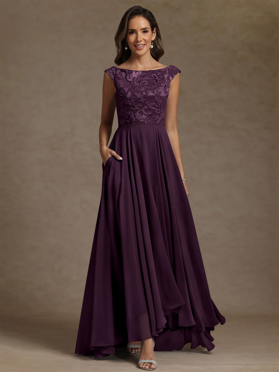 A Line Princess Scoop Chiffon Mother Of The Bride Dresses Lace Sequins Floor Length Sleeveless Pleated