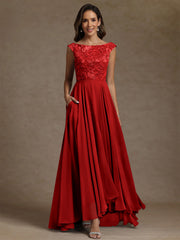 A Line Princess Scoop Chiffon Mother Of The Bride Dresses Lace Sequins Floor Length Sleeveless Pleated