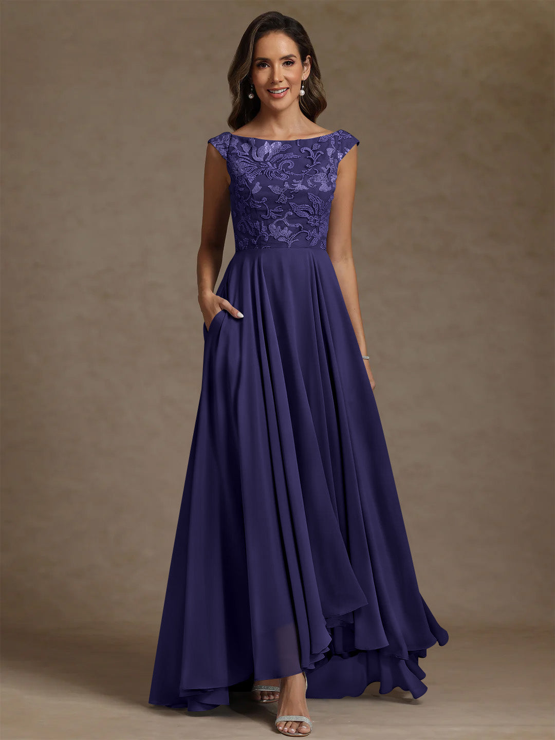 A Line Princess Scoop Chiffon Mother Of The Bride Dresses Lace Sequins Floor Length Sleeveless Pleated